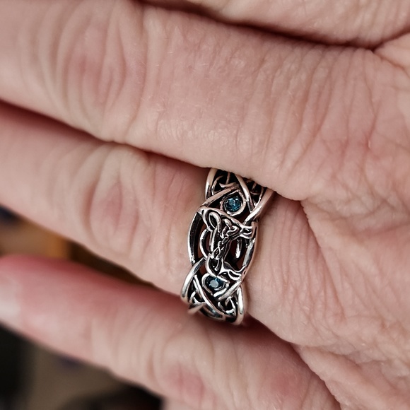 Celtic Blue Rhinestone Ring Wolf Pattern Double Wolf Rhinestone NWT - Picture 7 of 12